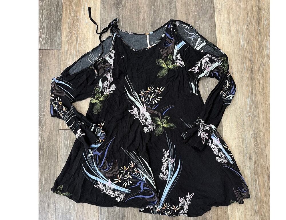 Free People Womens XS Floral Boho Tunic Dress Cold Shoulder Black Flowy Mini